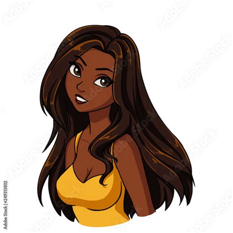 Beautiful Cartoon Smiling Girl Portrait Long Brown Hair Big Black