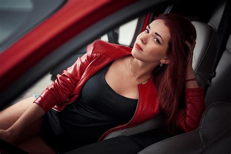Wallpaper Redhead Model Portrait Dyed Hair Car Red