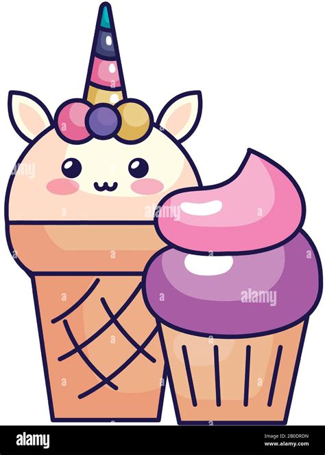 Cute Unicorn Ice Cream With Cupcake Stock Vector Image And Art Alamy