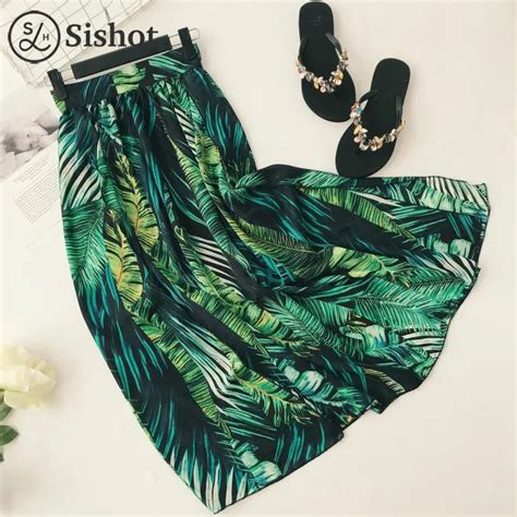 Sishot Summer Long Skirts Tropical Leaf Print Maxi Skirts Side Vent