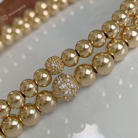 14k Solid Gold Diamond Beaded Bracelet Heavy Weight Stacking Bracelets