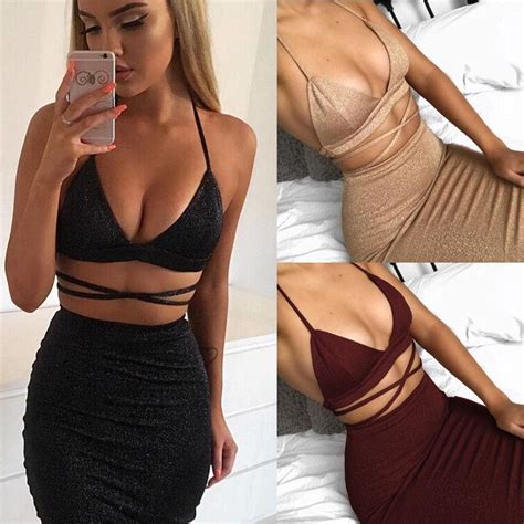 summer women 2 piece bandage two piece crop top short skirt set lace up dress on stylevore