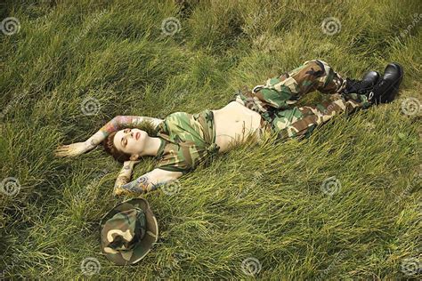 Tattooed Woman In Camouflage Stock Image Image Of Person Closed 2424019