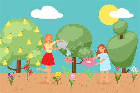 Girls In Spring Garden Watering Blooming Flowers Grass And Trees