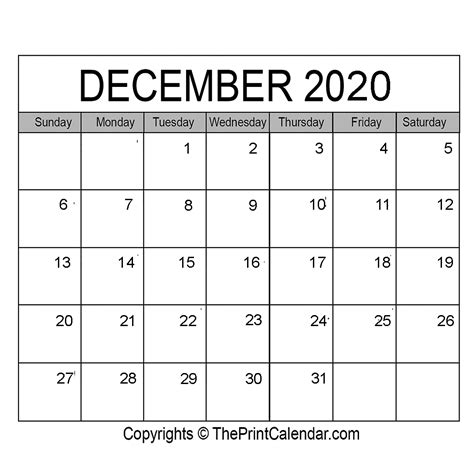 Free Printable December 2020 Calendar Template December 2020 Free