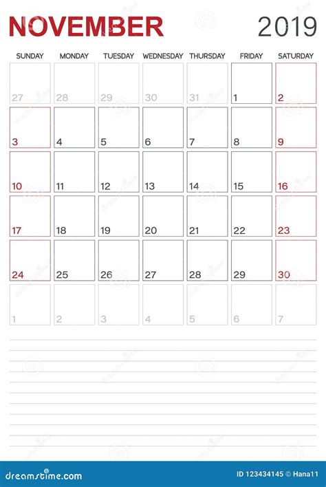 Calendario Inglés Noviembre De 2019 Ilustración Del Vector