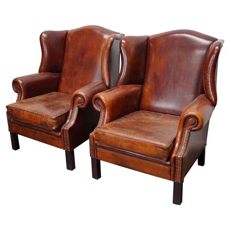 Vintage Dutch Cognac Leather Club Chairs Art Deco Style Set Of 2 For