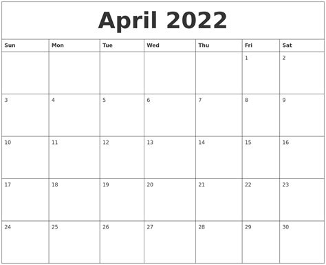 April 2022 Printable Blank Monthly Calendar