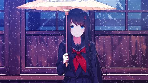 Download Wallpaper 1920x1080 Umbrella Blue Eyes Anime Girl Winter