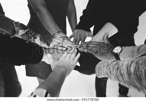 Group Diverse People Hands Together Teamwork Stock Photo 595778786