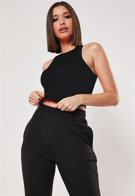 Missguided Black Crinkle Rib Racer Neck Crop Top Black Crop Top