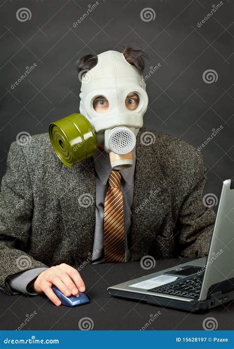 Amusing Person In Gas Mask Works With Computer Stock Image Image Of