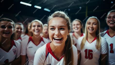 premium ai image happy women in volleyball wear posing on the volleyball court before the