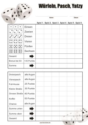 In case you want to print the form, click here to download printable version of yatzy score sheet in pdf format. Großer Würfel-Zettel zum Ausdrucken | formularbox.de