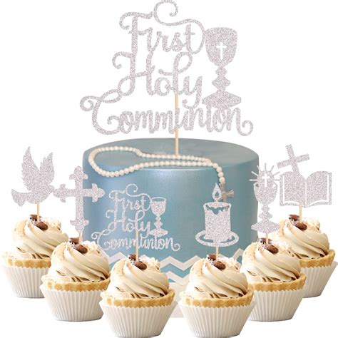 Buy 25 Pcs First Holy Communion Cupcake Toppers Glitter First Communion