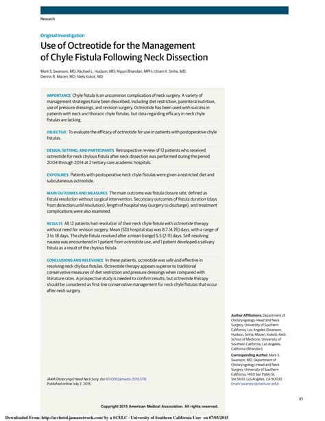 Pdf Use Of Octreotide For The Management Of Chyle Fistula Following