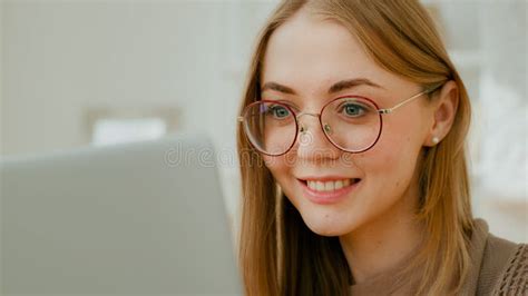 Close Up Caucasian Woman Female Face Girl In Glasses Eyes Look At