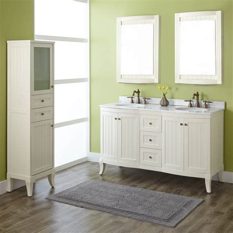 A double sink vanity can look something like this: 60" Palmetto White Double Vanity with Carrara Marble Top ...