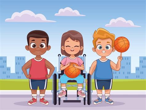 Tres Niños Con Discapacidad Jugando Vector Premium