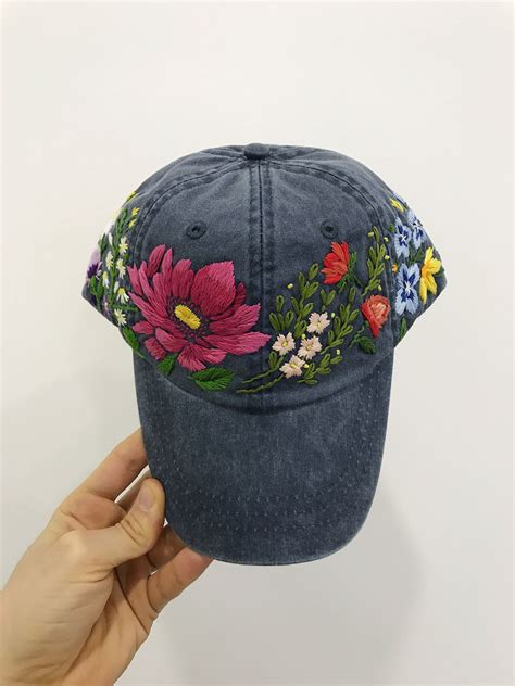 Hand Embroidered Baseball Cap With Flowers Etsy Embroidered