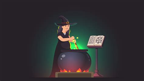 Witch Stirring Poison Brew Potion In Boiling Cauldron On Fire Next To