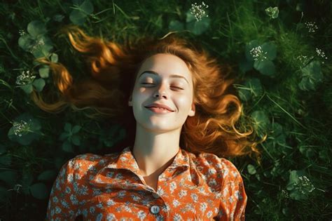 Premium Ai Image A Woman Laying On The Grass With Her Eyes Closed And