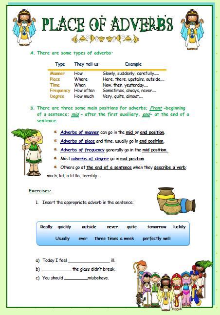 Adjective clauses don't usually change the basic meaning of a sentence; Position of Adverbs Worksheet