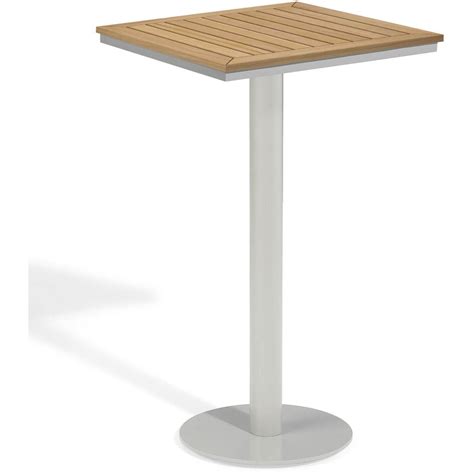 The accent table set features two tables with a metal frame and wood top with a clear glass insert. Oxford Garden Travira Wood 24-Inch Square Patio Bar Table With Natural Tekwood Top : Ultimate Patio