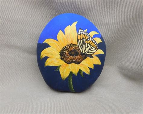 Painted Rock Sunflower With Butterfly Hand Painted Garden Rocks