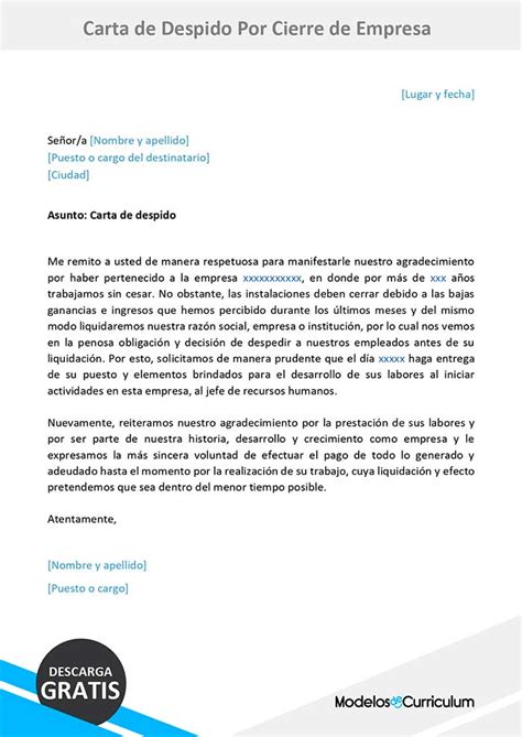 Carta De Despido Por Cierre De Empresa Modelos Word Gratis