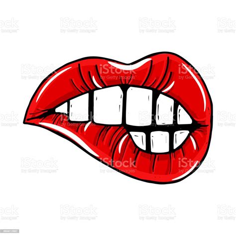Open Female Mouth With Red Lips Biting Womens Lips Isolated On A White