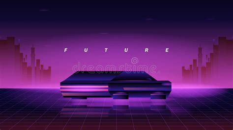 Retro Future 80s Style Sci Fi Background With Flying Supercar