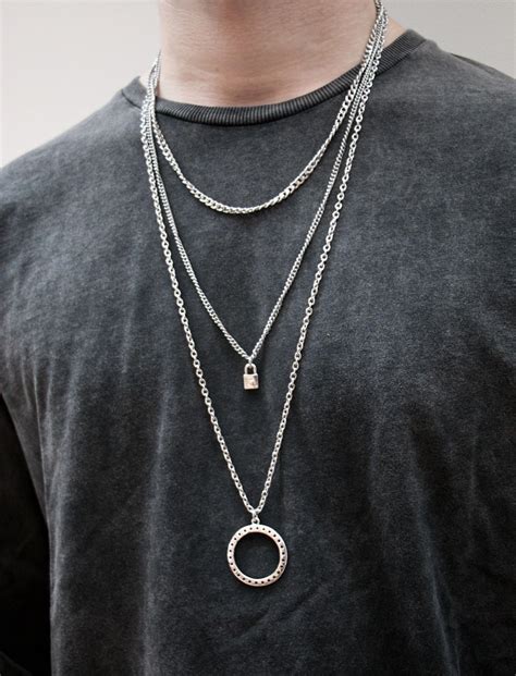 Men S Three Layer Necklace Necklace Triple Necklace Silver Necklace Lock Necklace M