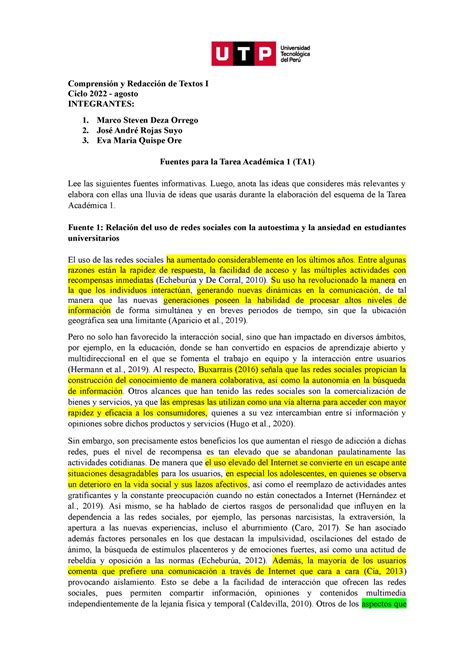 Fuentes Tarea Académica 1 2022 agosto Comprensión y Redacción de