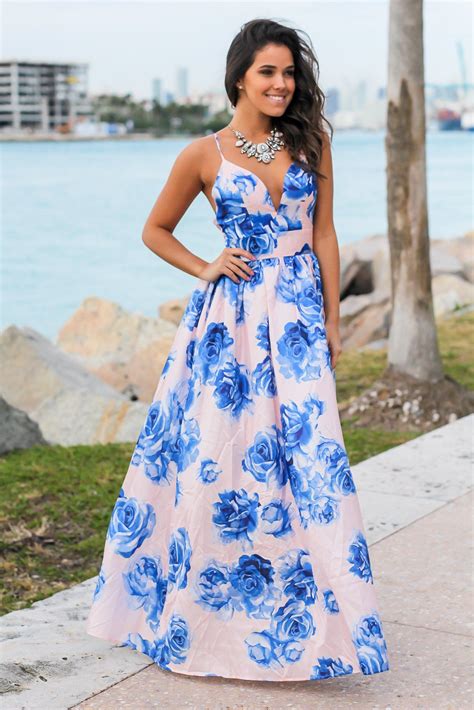 Saved By The Dress Blush And Blue Floral Maxi Dress With Criss Cross
