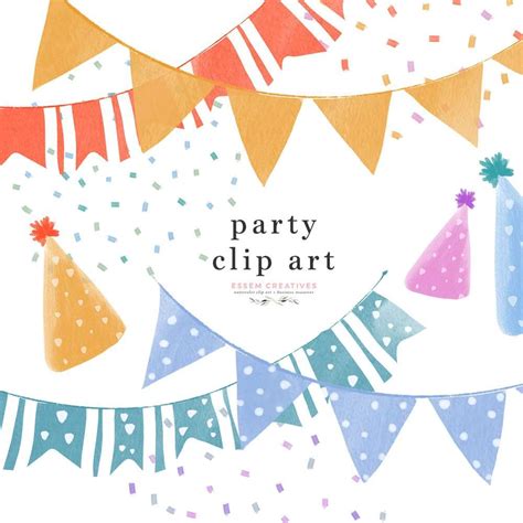 Watercolor Party Clipart Of Colorful Hats Buntings Banners And