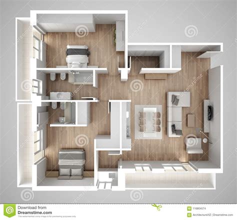 Apartment Flat Top View Furniture And Decors Plan Cross