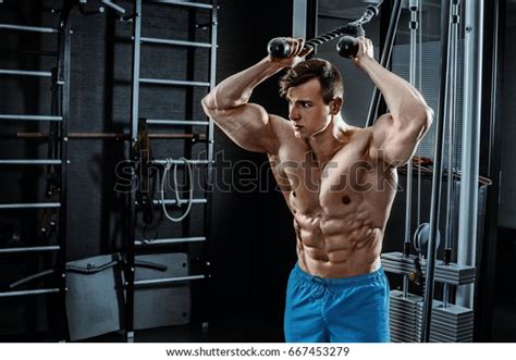 Sexy Muscular Man Posing In Gym Shaped Abdominal Strong Male Naked Torso Abs Working Out