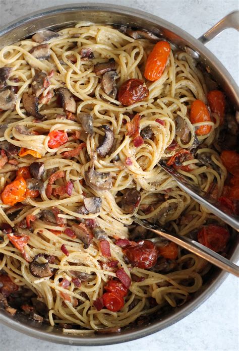 A deep browning on the mushrooms, coupled with garlic and shallots, brings the humble button mushroom to a higher place. Mushroom and Garlic Roasted Tomato Spaghetti Carbonara