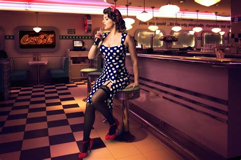 Wallpaper Model Women Indoors Polka Dots Coca Cola Garter Belt