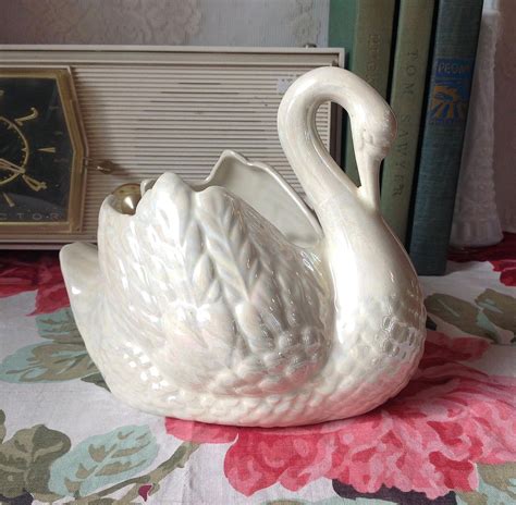 Vintage Ceramic Swan Planter By Holland Mold Iridescent Vintage