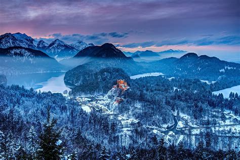 Bavaria Germany The Castle Lake Mountains Winter Forest