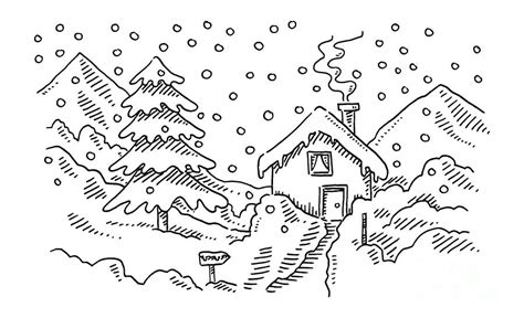 Winter Landscape Fir Tree And Small Home Drawing Drawing By Frank