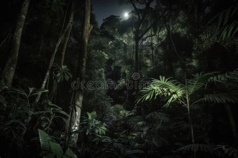 Dark Rainforest At Night With Only The Stars And Moon Shining Through