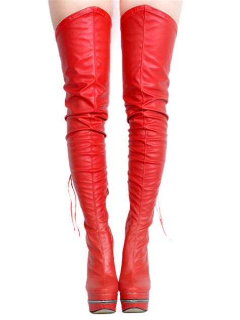 Red Sexy Boots Over Knee Womens Platform Round Toe Zip Up Thigh High