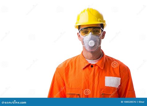 The Construction Worker With Protective Mask Isolated On White Stock