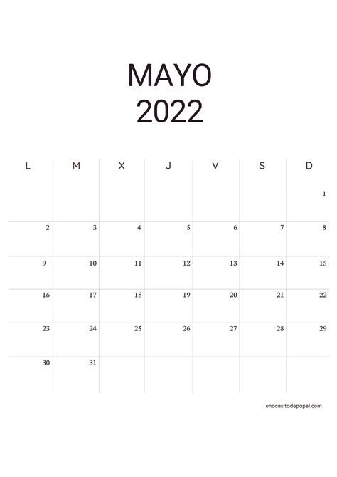 Calendario Mayo 2022 Para Imprimir GRATIS Una Casita De Papel