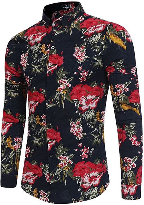Mens Floral Dress Shirts Long Sleeve Slim Fit Casual Printed Button
