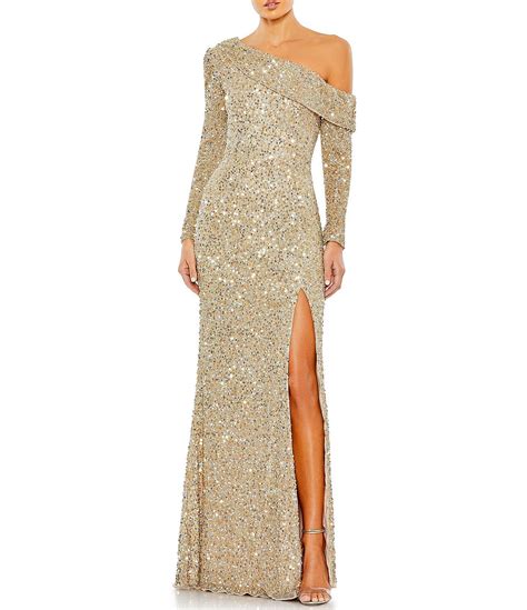 Mac Duggal Sequin Thigh High Slit Asymmetrical One Shoulder Long Sleeve