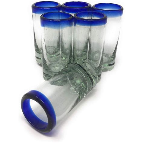 hand blown mexican tequila shot glasses set of 6 cobalt blue rim tequila shot glasses 2 oz each